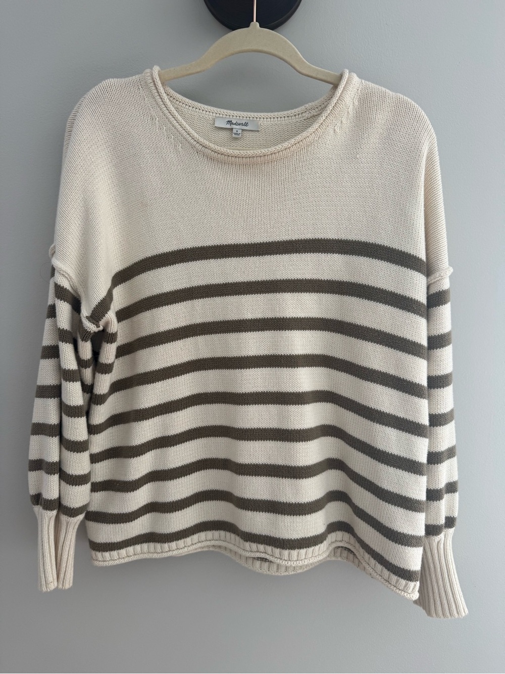 Madewell Cream and Olive-Gray Striped Crewneck Sweater